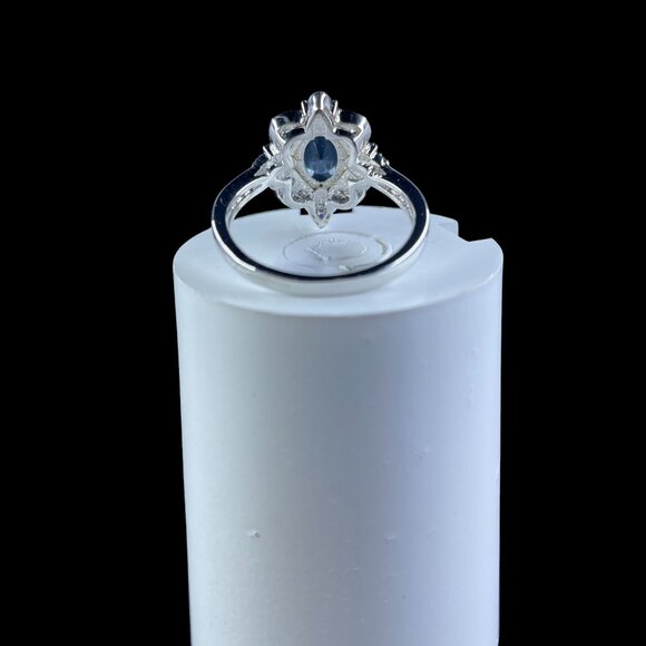 Blue Gemstone Halo Ring Retro Silver Tone Elegant Cocktail Jewelry Romantic Glam - Picture 3 of 5